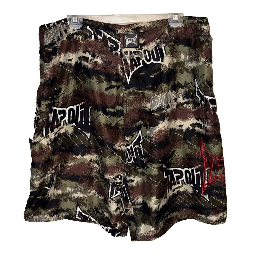 Tapout Green Camo Board Shorts All Over Print Size 38 MMA Swim Trunks Drawstring